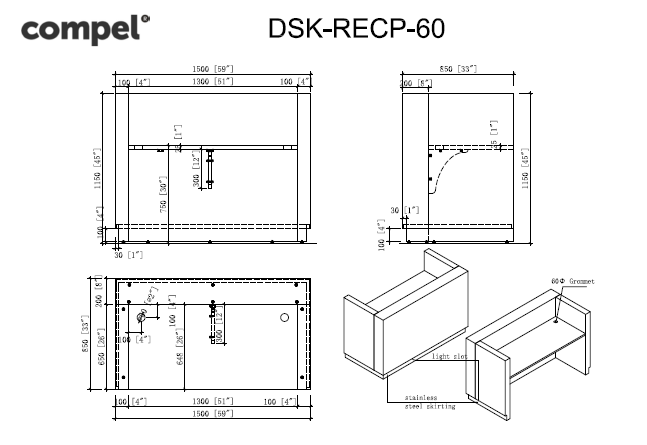 Compel Brooks Reception Desk With Filing Drawer And Base Light - New