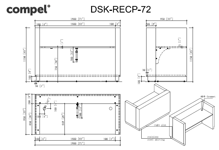 Compel Brooks Reception Desk With Filing Drawer And Base Light - New