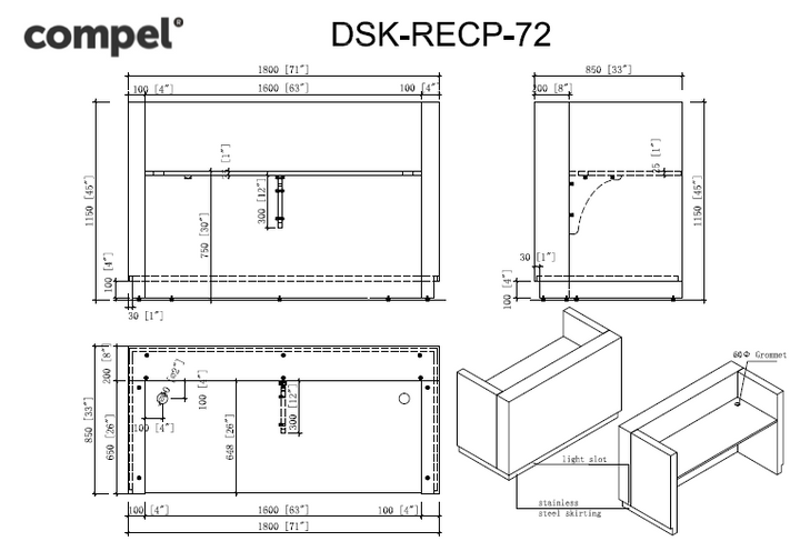 Compel Brooks Reception Desk With Filing Drawer And Base Light - New