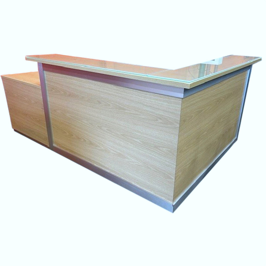 L-Shape Reception Desk With Storage, Light Oak - Preowned