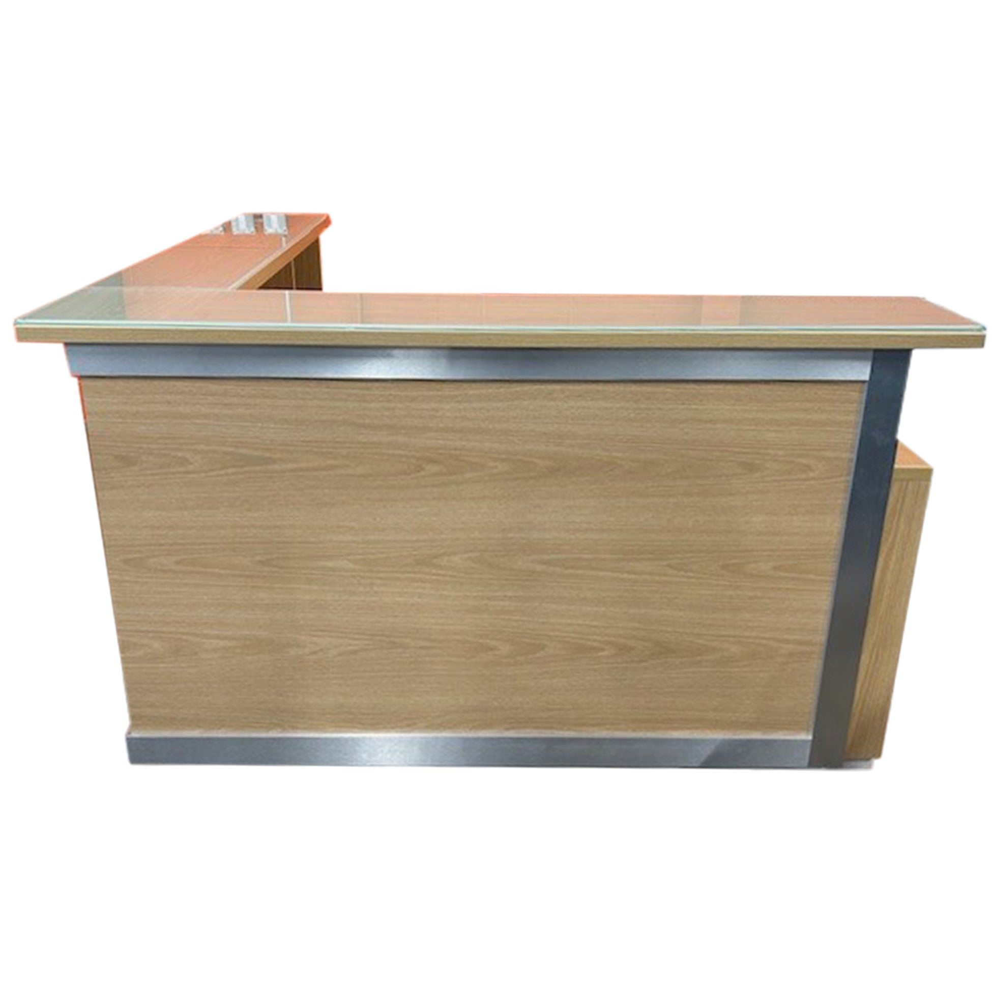L-Shape Reception Desk With Storage, Light Oak - Preowned