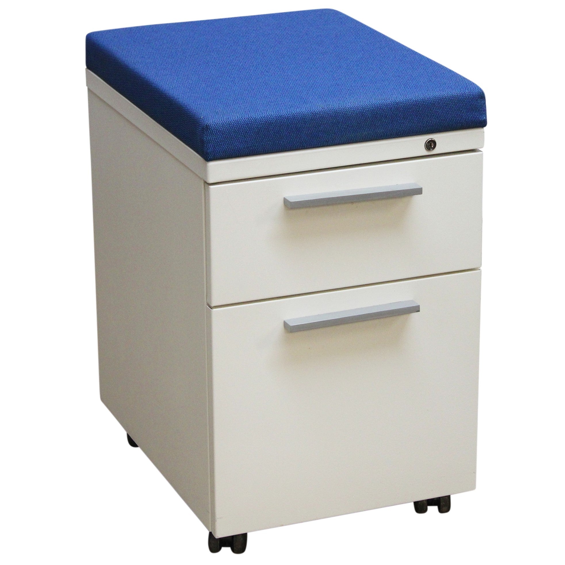 2-Drawer Mobile Pedestal with Cushion, Blue & White - Preowned
