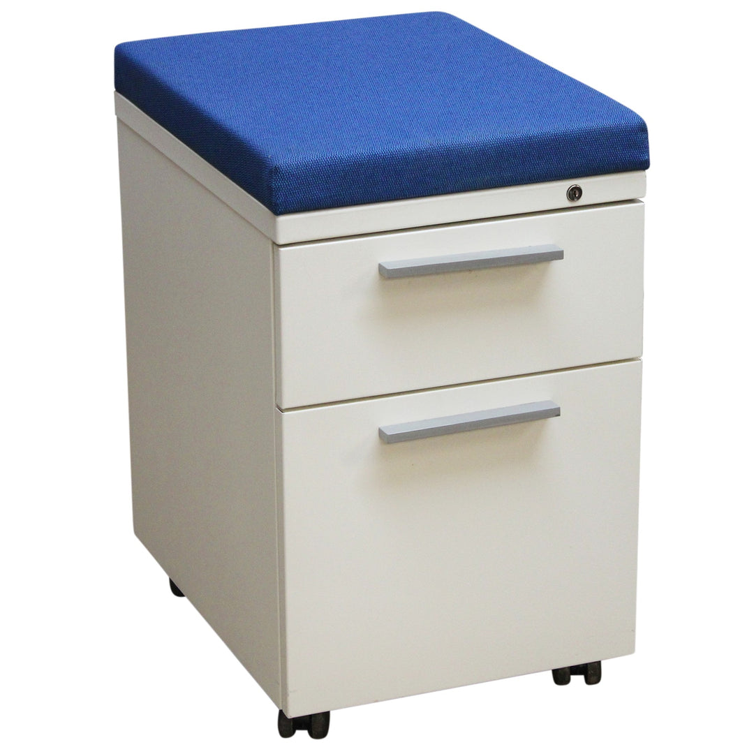2-Drawer Mobile Pedestal with Blue Cushion, White - Preowned