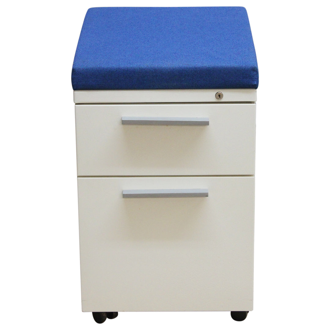 2-Drawer Mobile Pedestal with Blue Cushion, White - Preowned